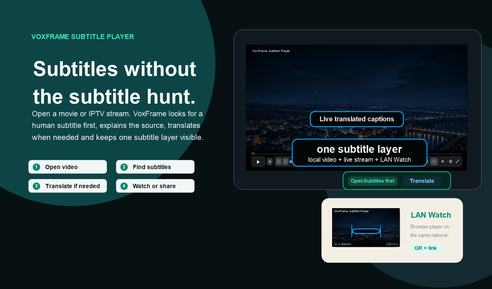 Visuel campagne VoxFrame avec sous-titres, live captions et LAN Watch