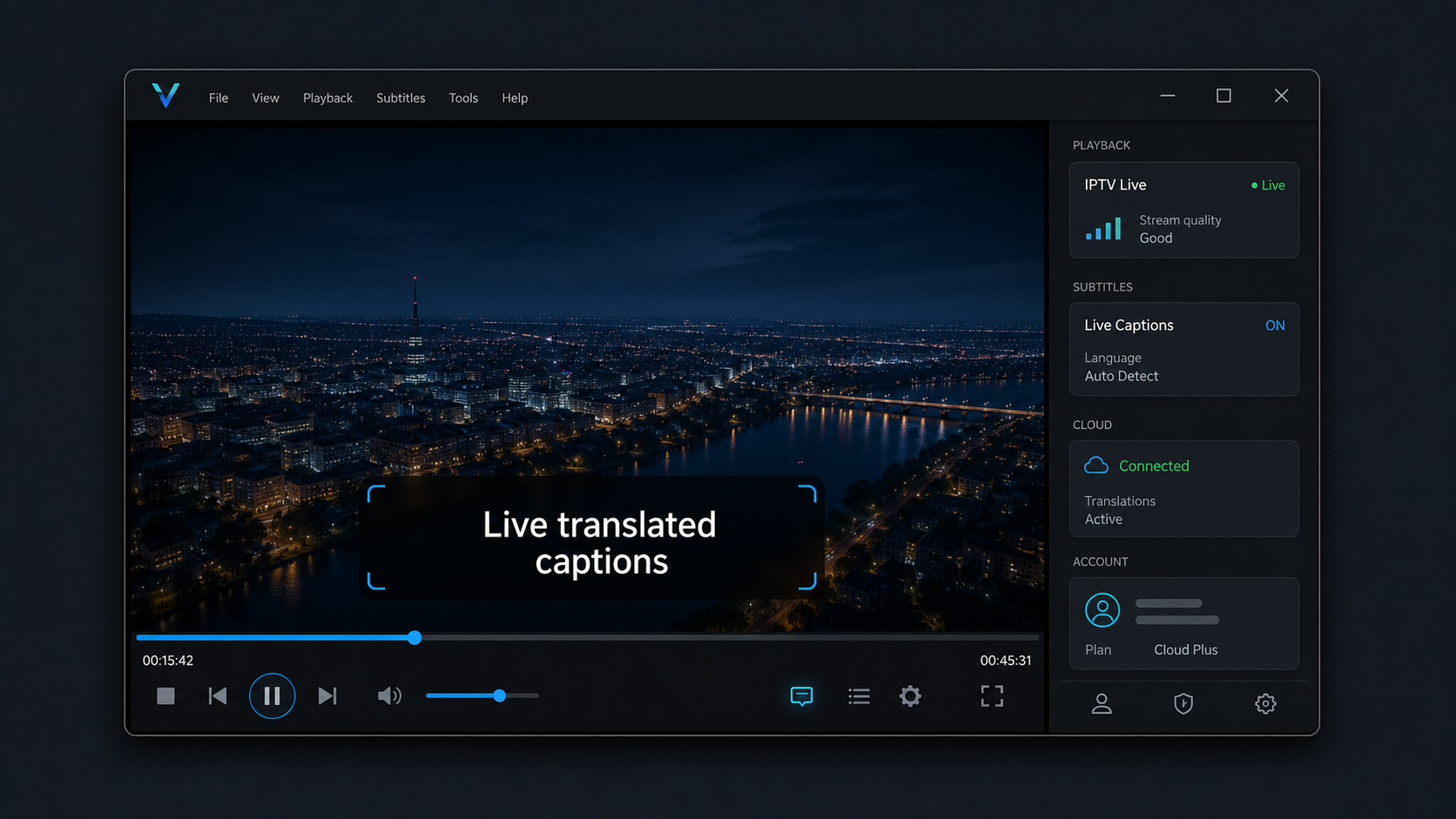 VoxFrame player with live translated captions